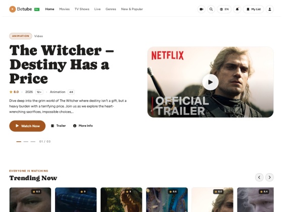 BeTube OTT streaming layout, light version
