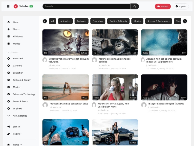 BeTube YouTube Light video WordPress theme demo