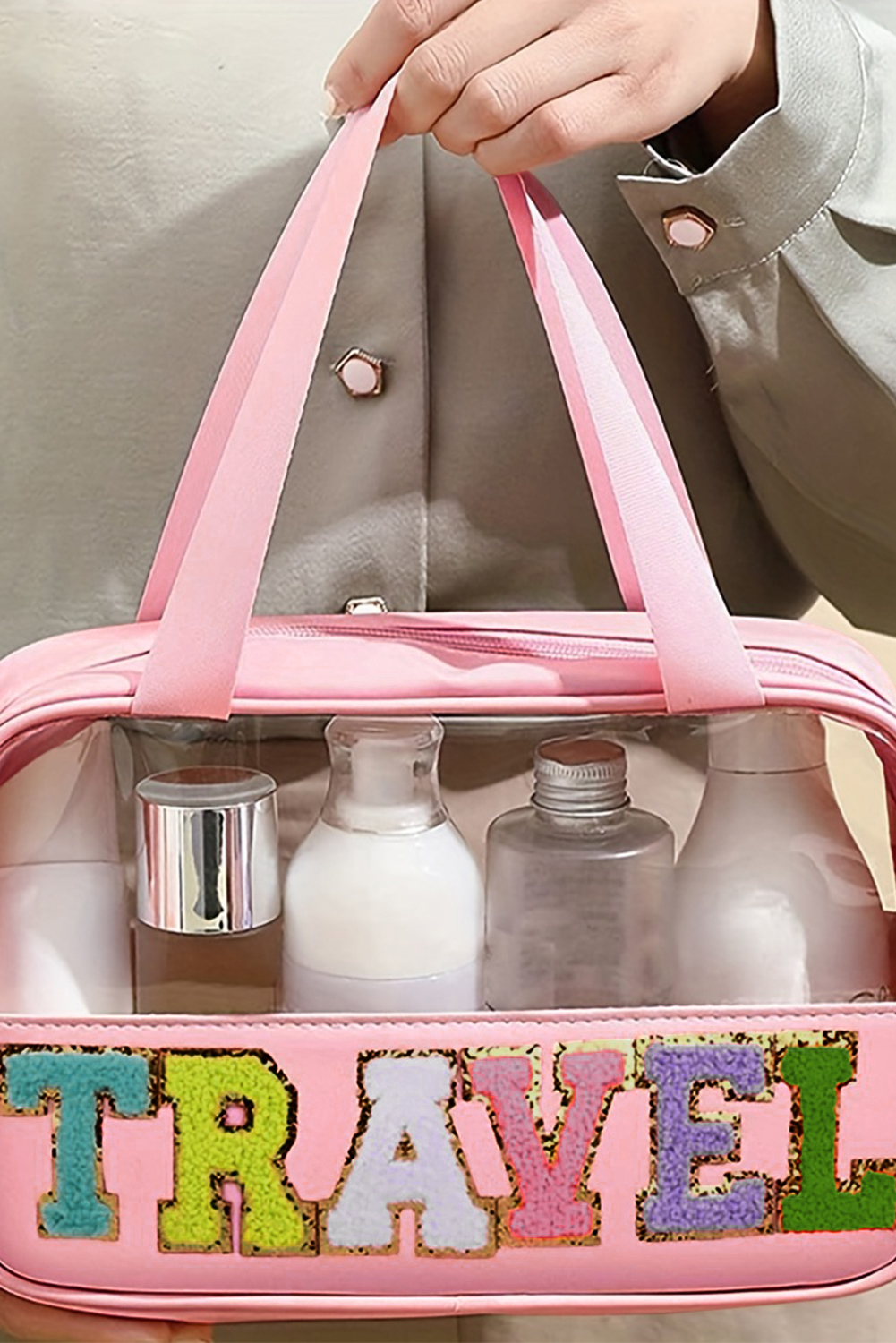 Light Pink TRAVEL Chenille Letter Clear PVC Makeup Bag - Image 2