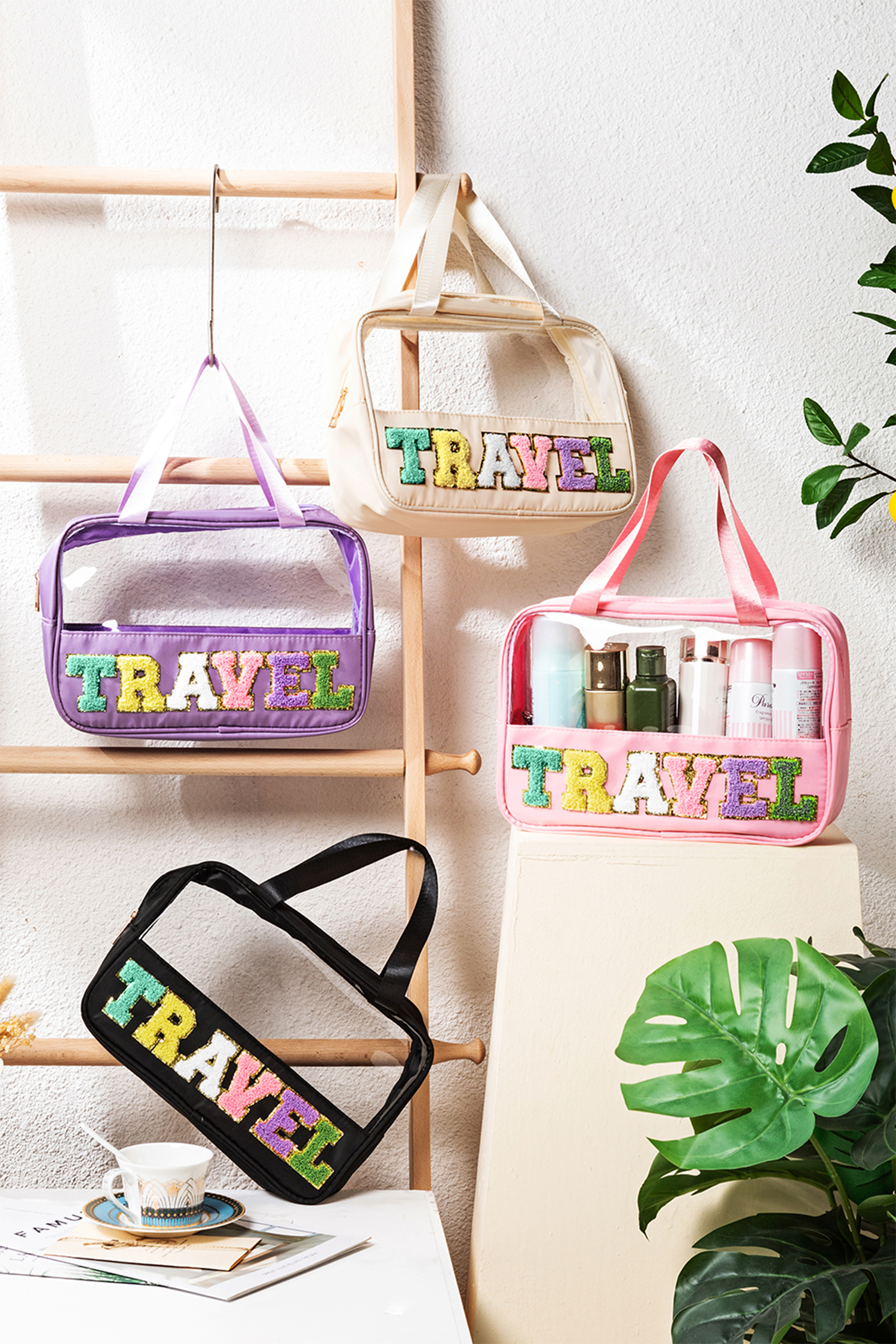 Purple TRAVEL Chenille Letter Clear PVC Makeup Bag - Image 3