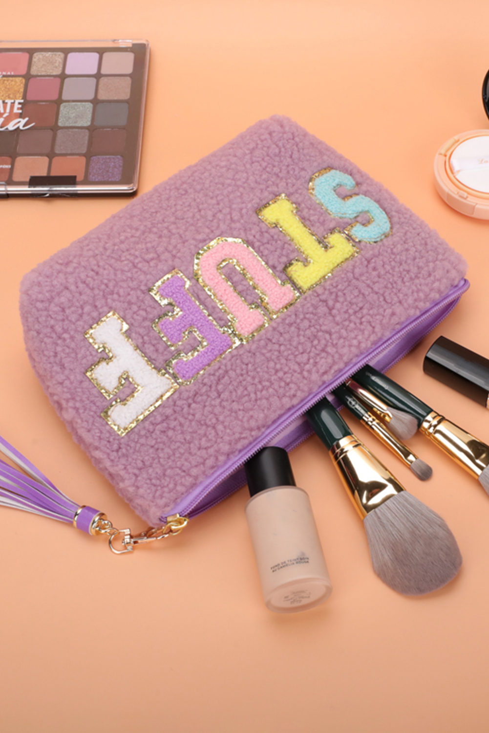 Phalaenopsis Sparkle Letter Pattern Tassel Zipper Makeup Bag - Image 3