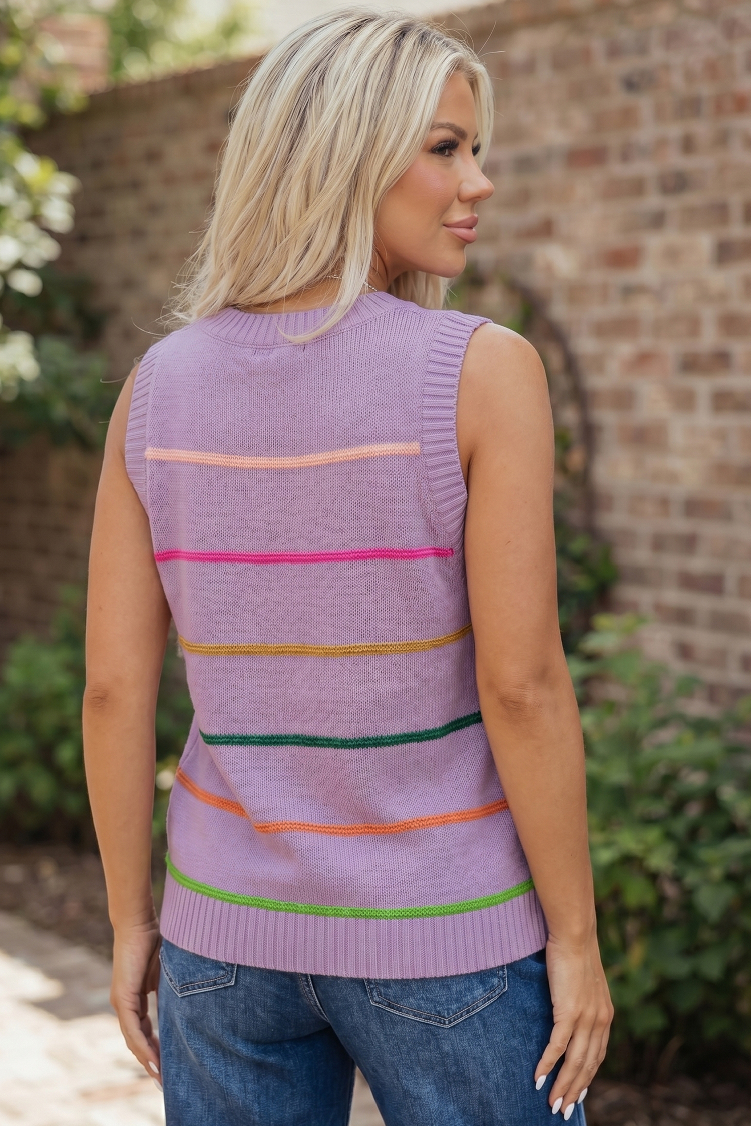Purple Stripe Round Neck Knitted Sweater Tank - Image 2