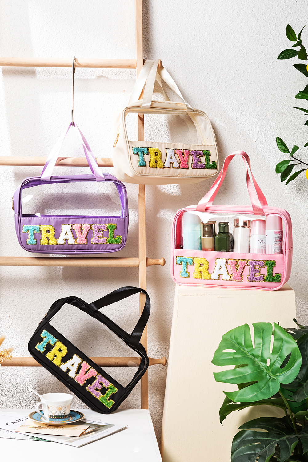 Light Pink TRAVEL Chenille Letter Clear PVC Makeup Bag - Image 8