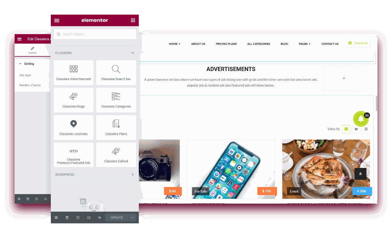Classiera pages being edited with the Elementor page builder