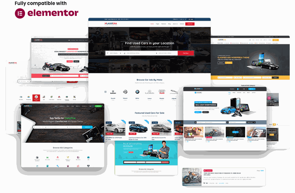 Classiera classified ads WordPress theme shown on desktop, tablet and mobile